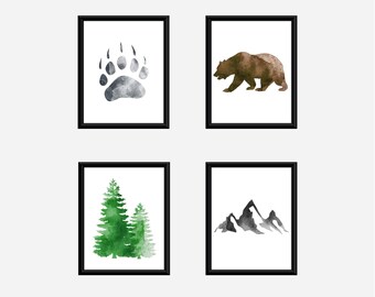 Ilustración imprimible de silueta de oso y naturaleza en multicolor, juego de 4: gris, verde y marrón