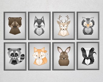 Juego de 8 impresiones de arte de pared para guardería con animales geométricos del bosque