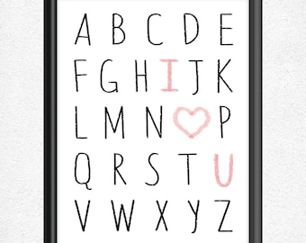 Arte de pared imprimible con el alfabeto I Heart U para guardería o sala de juegos