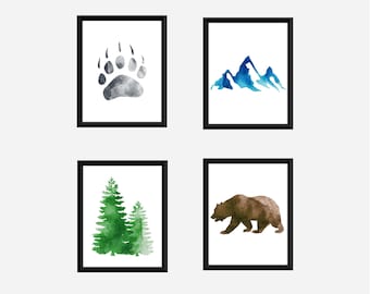 Ilustración imprimible de silueta de oso y naturaleza en multicolor, juego de 4