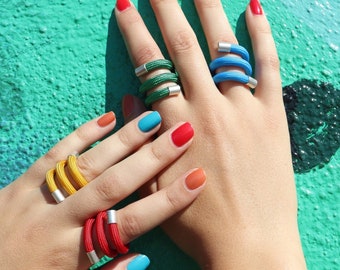 Twirl Ring one size fit all adjustable colorful bold minimalist fun and funky ring plain color multi finishes.