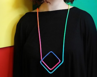 Linea 38 necklace earrings set - Rainbow Multi-colors, Neon Fluo Fluorescent - Diamond shape Geometric Design Modern and Contemporary Edgy