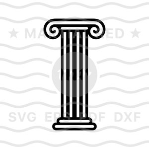 May include: Black and white line art illustration of a classic Roman column with a fluted shaft and a simple base and capital.