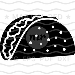 May include: Black and white silhouette of a taco with a white filling and a small circle with the letters "mr" inside. The taco is on a white background with a wavy pattern.