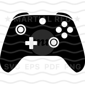 Könnte beinhalten: Schwarz-weiße Silhouette eines Videospiel-Controllers. Der Controller hat ein Steuerkreuz, vier Tasten und zwei analoge Sticks. Der Text "MARTIAL RED" ist auf der Oberseite des Controllers gedruckt.