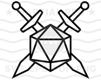 Dungeons and dragon svg, D&D svg, D20 dice svg, swords crossed, svg, cut file, design, printable, clipart, vector, dxf, eps, pdf, png