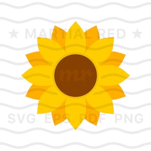 May include: A yellow sunflower with a brown center. The sunflower is a simple, flat design.