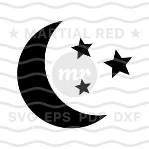 May include: Black and white silhouette of a crescent moon with two five-pointed stars. The text "MARTIAL RED" is above the moon.