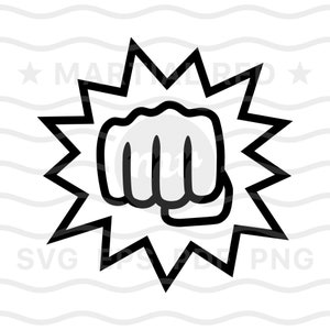 May include: Black and white illustration of a fist with a starburst behind it. The fist is clenched and the knuckles are prominent.