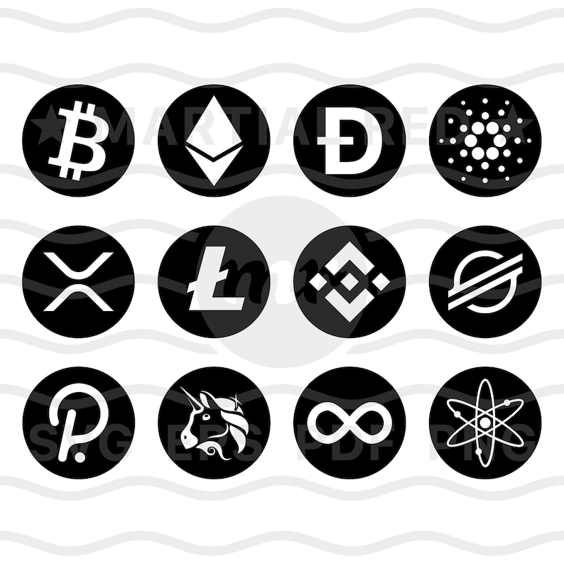 May include: Black and white icons of popular cryptocurrencies, including Bitcoin, Ethereum, Litecoin, Binance Coin, and more.