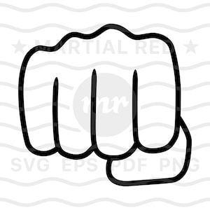 May include: Black and white line art illustration of a fist. The fist is clenched with the thumb tucked inside the fingers.