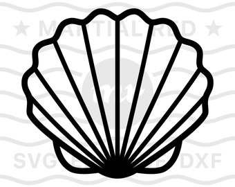 May include: A black and white outline of a seashell. The shell is closed and has a detailed, ribbed texture.