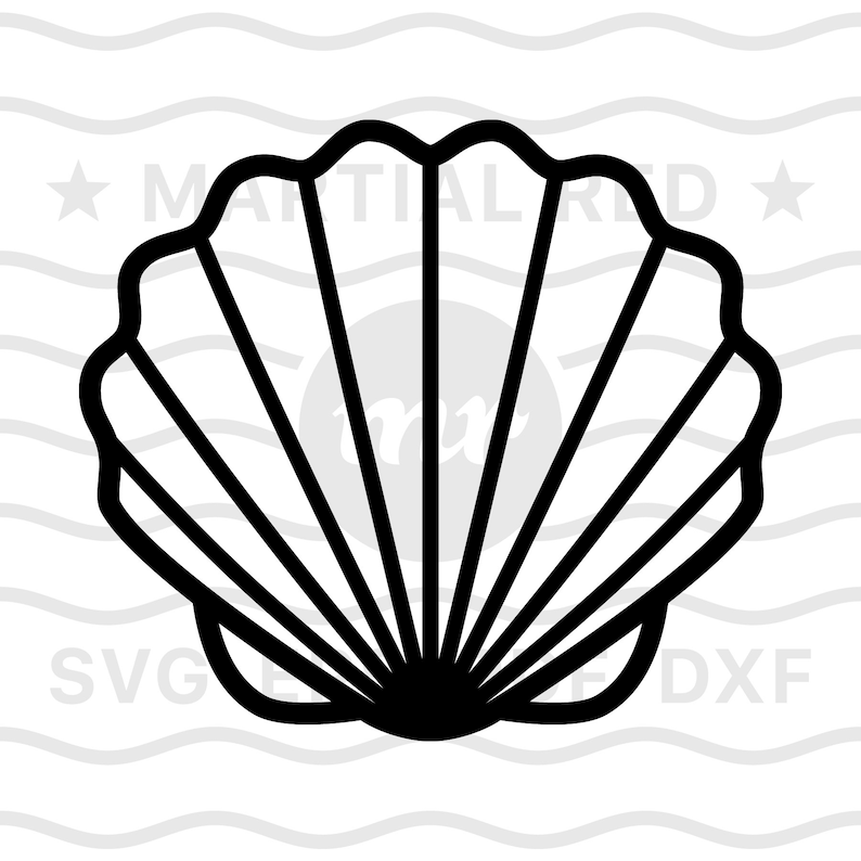 May include: A black and white outline of a seashell. The shell is closed and has a detailed, ribbed texture.