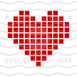 Puede incluir: Una forma de corazón roja pixelada. El corazón está formado por pequeños cuadrados rojos. El texto "MARTIAL RED" está por encima del corazón y el texto "SVG EPS PDF DXF" está por debajo del corazón.
