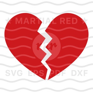 May include: A red heart shape is broken in half with a jagged line. The text "MARTIAL RED" is at the top of the heart. The text "SVG EPS PDF DXF" is at the bottom of the heart.