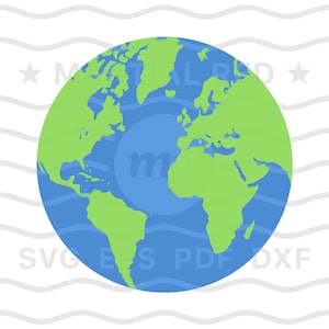 May include: A blue and green globe illustration of the Earth. The continents are green and the oceans are blue.