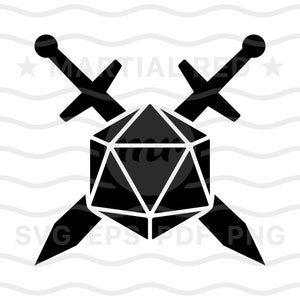 Dungeons and dragon svg, D&D svg, D20 dice svg, espadas cruzadas, svg, arquivo cortado, design, imprimível, clipart, vetor, dxf, eps, pdf, png