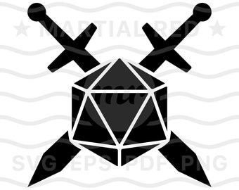 Dungeons and dragon svg, D&D svg, D20 dice svg, swords crossed, svg, cut file, design, printable, clipart, vector, dxf, eps, pdf, png