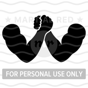 May include: Black and white silhouette of two muscular arms engaged in an arm wrestling match. The text "MARTIAL RED" appears above the arms, and the text "FOR PERSONAL USE ONLY" appears below the arms.