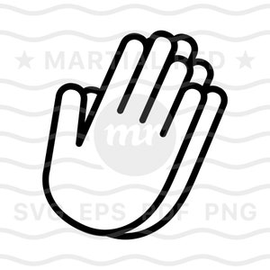 May include: Black and white line drawing of two hands clasped together in a prayer position.