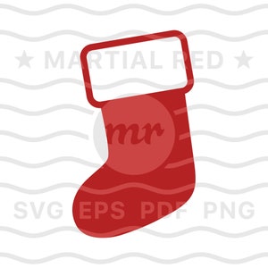 May include: Red Christmas stocking with a white cuff. The stocking is a simple silhouette with a rounded toe and a curved top.
