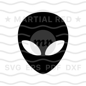 May include: Black and white silhouette of an alien head with the letters "mr" inside. The text "MARTIAL RED" appears above the alien head and the text "SVG EPS PDF DXF" appears below the alien head.