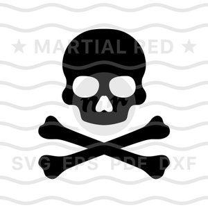 May include: Black and white skull and crossbones graphic. The skull has two eye sockets and a nose. The crossbones are crossed in the middle.