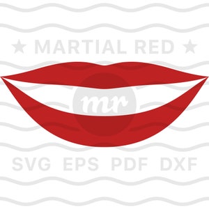 May include: Red lips with a white circle in the center that says "mr" inside. The text "MARTIAL RED" is above the lips and the text "SVG EPS PDF DXF" is below the lips.
