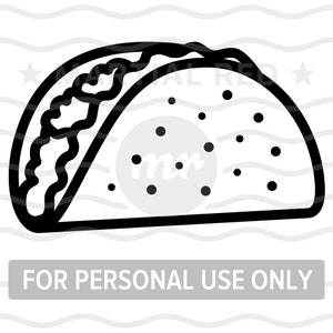 May include: Black and white line drawing of a taco. The taco is filled with meat and cheese. The taco is on a white background.