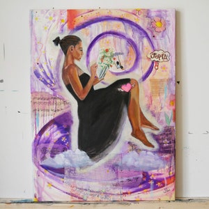 Woman reading a book floating magical oil painting on canvas (65 cm x 85 cm)