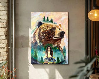De reis naar binnen: origineel olieverfschilderij op galerijdoek, beer, bos, meditatiemuurkunst, spiritueel dier, magisch verzamelobject