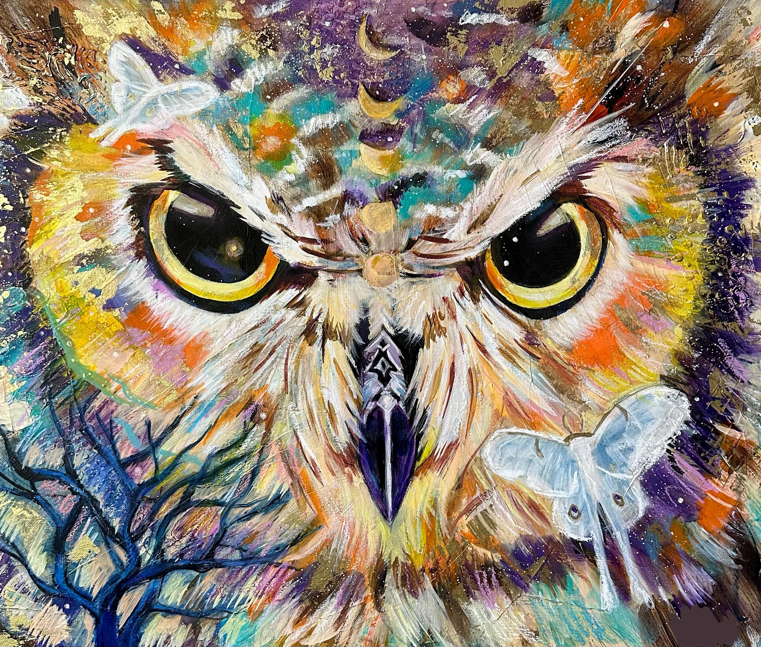 Light in the darkness - owl original oil painting on canvas, spirit animal, shamanic art, magical pa