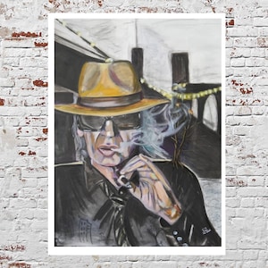 May include: A painting of a man wearing a yellow fedora and sunglasses, smoking a cigarette. He is wearing a black jacket and a black tie. The background is a white wall with a doorway.