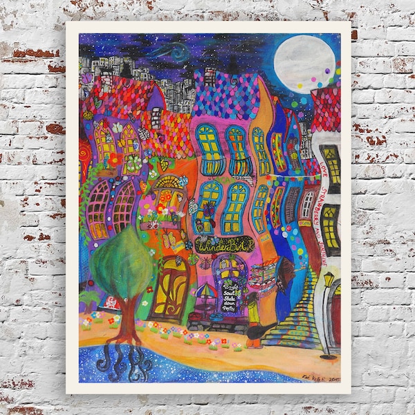 Colorida impresión de bellas artes de la ciudad en papel de bambú sostenible, pintura inspirada en Hundertwasser, arte mural visionario de la ciudad, arte psicodélico, hippie