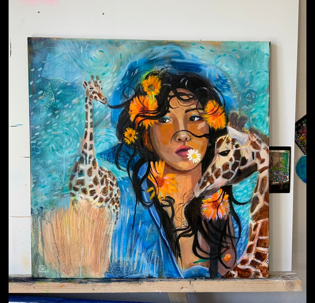 Woman With Giraffes Portrait Fine Art Oil Painting in Van Gogh Style 80 ...