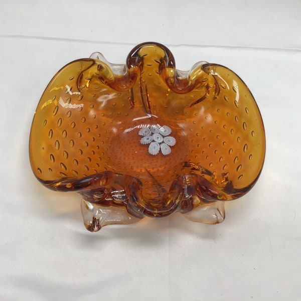 Murano Art Glass footed Dish Ashtray Amber Millefiori Controlled Bubbles MCM