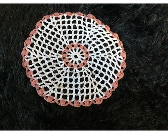 Small Round Doily Crochet White Pink Cotton Vintage Handmade 5 Inch 923D