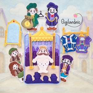 May include: A set of felt figures including a king in underwear, various characters in period clothing, a mirror, and clothing on a rack. The text Gigilandnic is visible. The figures feature detailed embroidery and vibrant colors like purple, green, and gold.