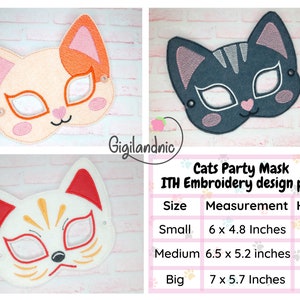 Cats Party Mask 3 Pack - ITH Embroidery Design - kitty Pasty Masks - Digital File