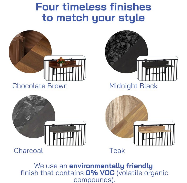 May include: Four different color options for a black metal folding table with a wooden top. The colors are Chocolate Brown, Midnight Black, Charcoal, and Teak. The text "We use an environmentally friendly finish that contains 0% VOC (volatile organic compounds)." is at the bottom of the image.
