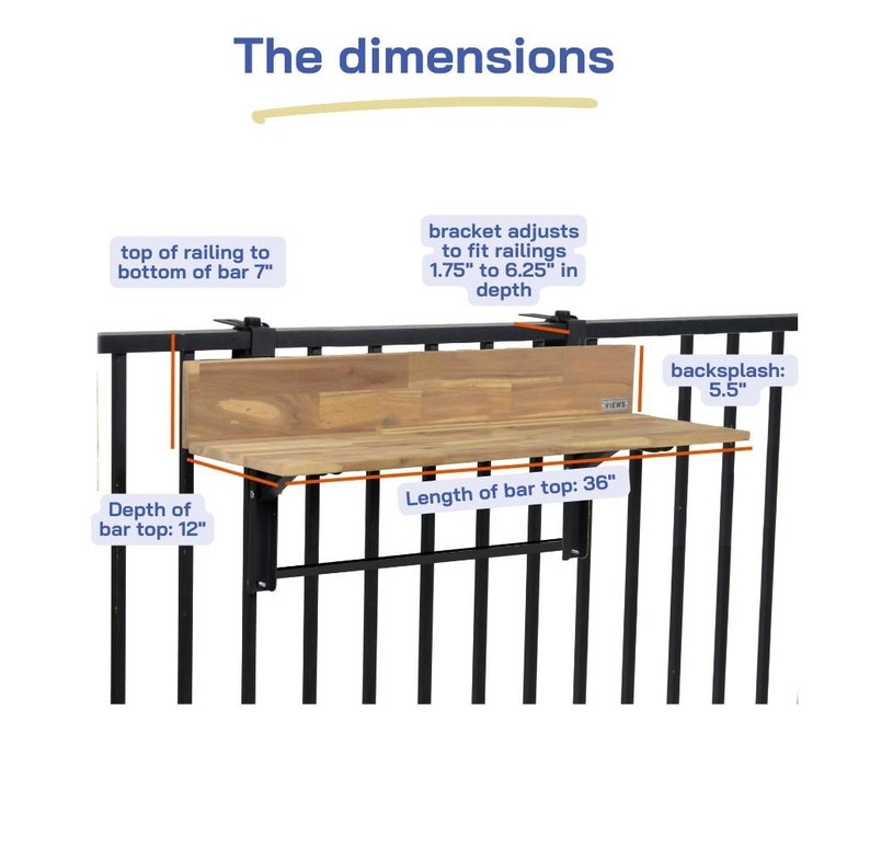 May include: A wooden balcony table with black metal brackets that can be adjusted to fit railings. The table is 36 inches long, 12 inches deep, and has a 5.5 inch backsplash. The table is made of wood and has a natural finish.
