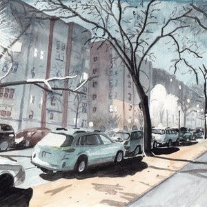 Foggy Night Painting, Watercolor Print, Washington Heights (Ft. Washington Avenue At Night), Limited Edition of 50 and Various Sizes