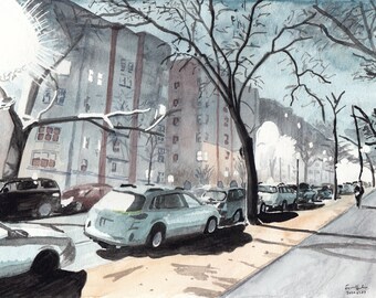 Foggy Night Painting, Watercolor Print, Washington Heights (Ft. Washington Avenue At Night), Limited Edition of 50 and Various Sizes