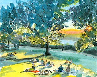Sunset on Billings Lawn, Fort Tryon, Watercolor Print, Hudson River, Limited Edition of 50 and Various Sizes