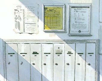 Apartment Mailbox, Washington Heights, Painting, Watercolor Print, Limited Edition of 50 and Various Sizes