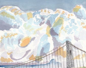 George Washington Bridge Painting, Watercolor Print, Clouds (The Great Hope, Part 1), Limited Edition of 50 and Various Sizes
