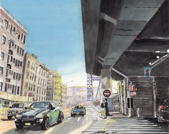 George Washington Bridge Bus Terminal, Washington Heights, Painting, Watercolor Print, Limited Edition of 50 and Various Sizes