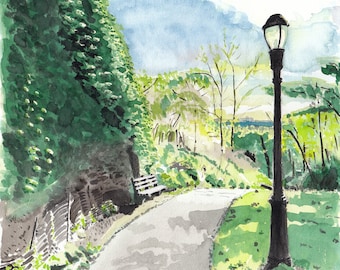 Fort Tryon Path Painting, Watercolor Print, Bench, Lamppost, Washington Heights, Limited Edition of 50 and Various Sizes