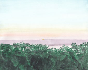 Hazy Sunset Over the Hudson River Painting, Watercolor Print, New Jersey, Limited Edition of 50 and Various Sizes
