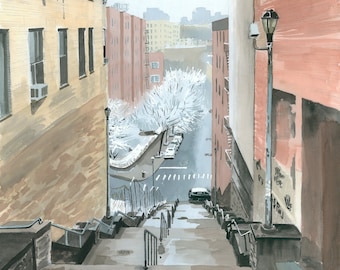 Looking Down the Stairs Painting, Stairs, Watercolor Print, Washington Heights (187th Street), Limited Edition of 50 and Various Sizes